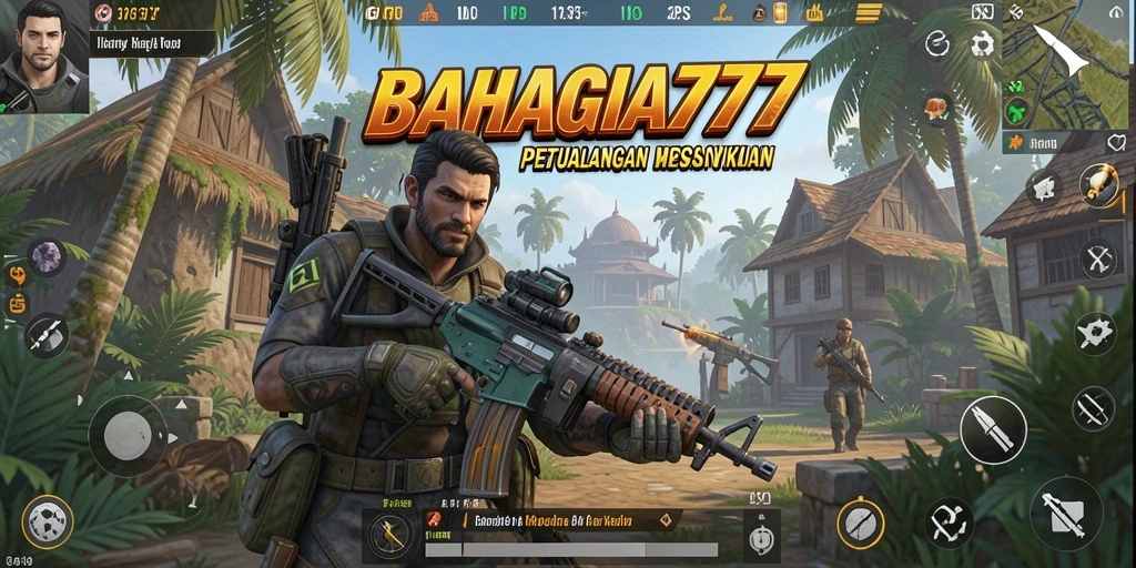 Screenshot utama BAHAGIA777 menampilkan aksi seru di medan perang FPS.