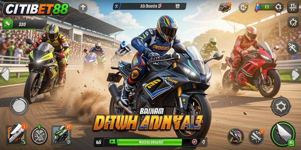 Tampilan gameplay balapan motor yang seru dan menegangkan.