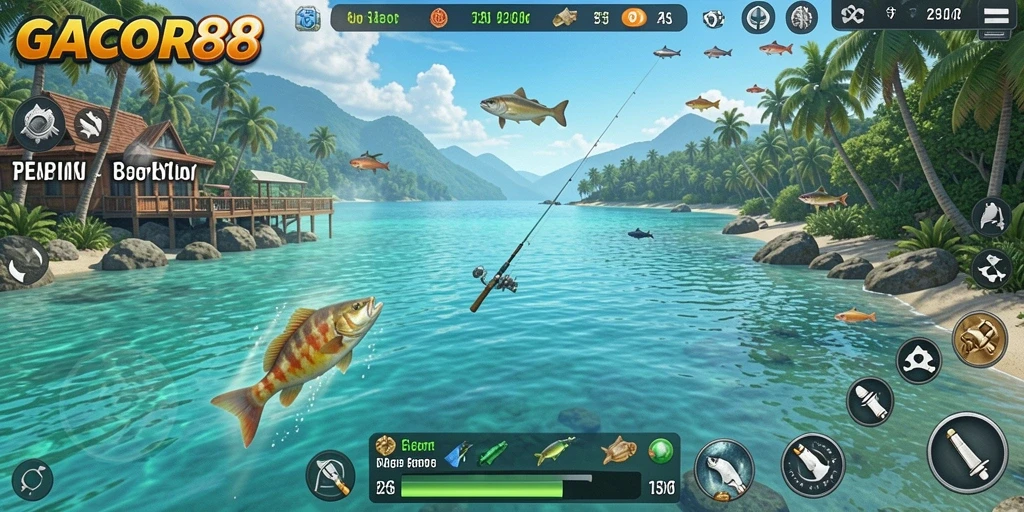 Screenshot utama GACOR88 menampilkan aksi memancing seru di laut yang biru.