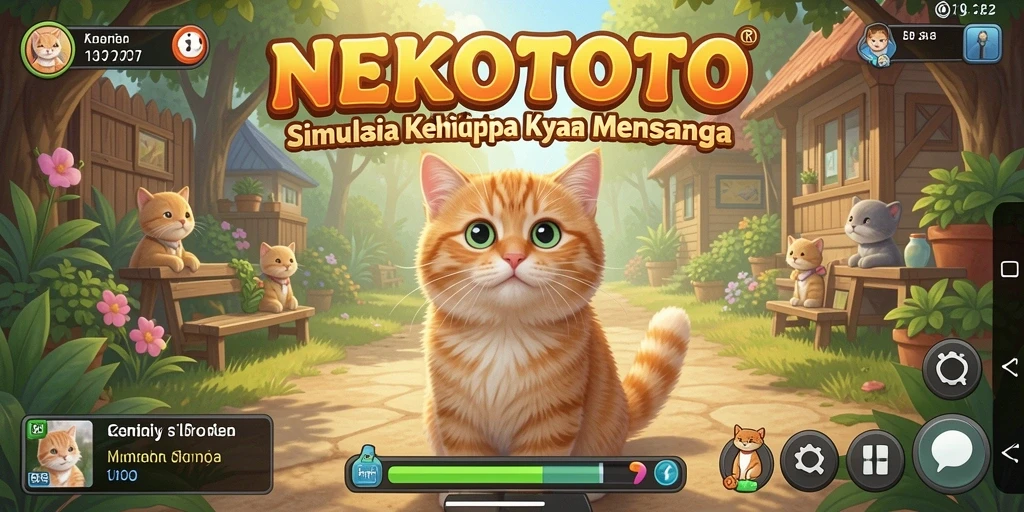 Tampilan utama gameplay NEKOTOTO dengan kucing lucu dan interaksi menarik.