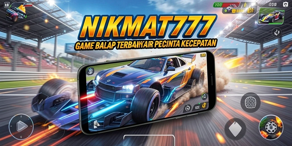 Gameplay balap seru NIKMAT777 dengan mobil dan trek menantang.