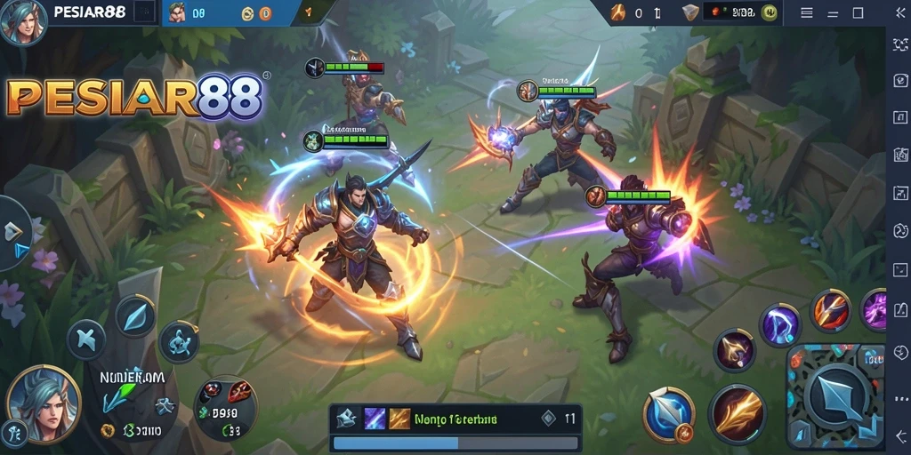 Screenshot utama PESIAR88 menampilkan pertarungan epik antara tim MOBA.