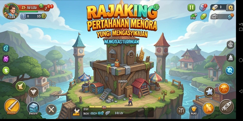 Tangkapan layar gameplay RAJAKING menampilkan menara yang siap menghadapi gelombang musuh.