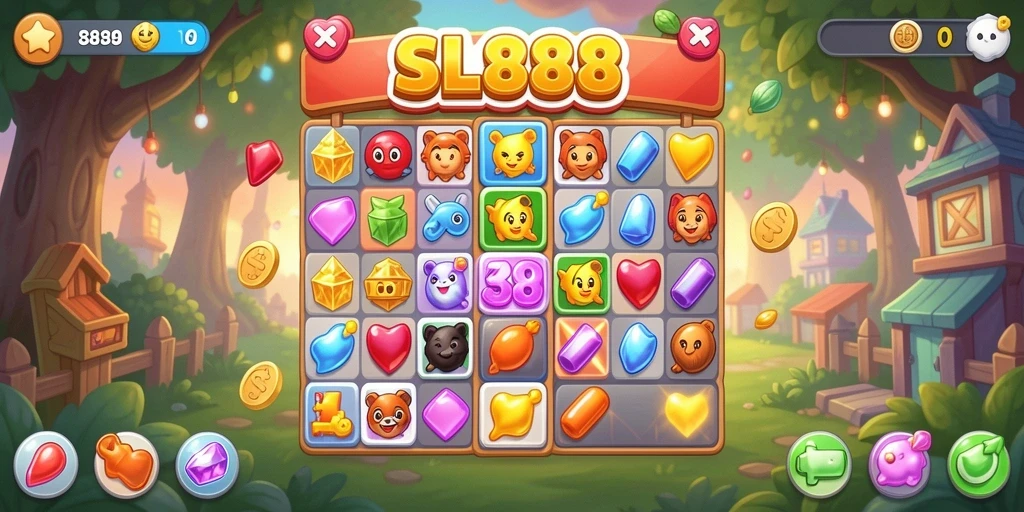 Tangkapan layar utama SL888 menampilkan aksi permainan Match-3 yang seru.